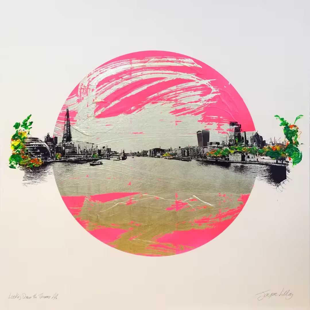A Jayson Lilley limited edition screenprint of a circular view of the river Thames, the title is Looking Down the Thames