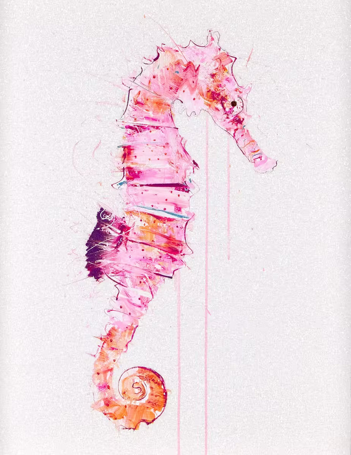 A Dave White limited edition of a pink seahorse, the title is Looking for Love I