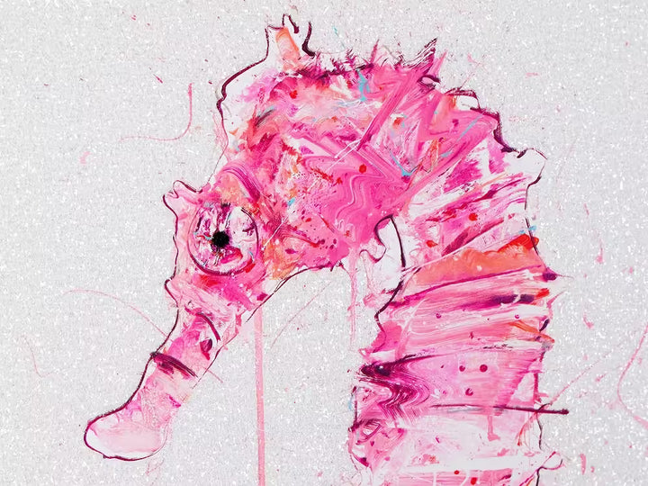 A Dave White limited edition of a pink seahorse, the title is Looking for Love II