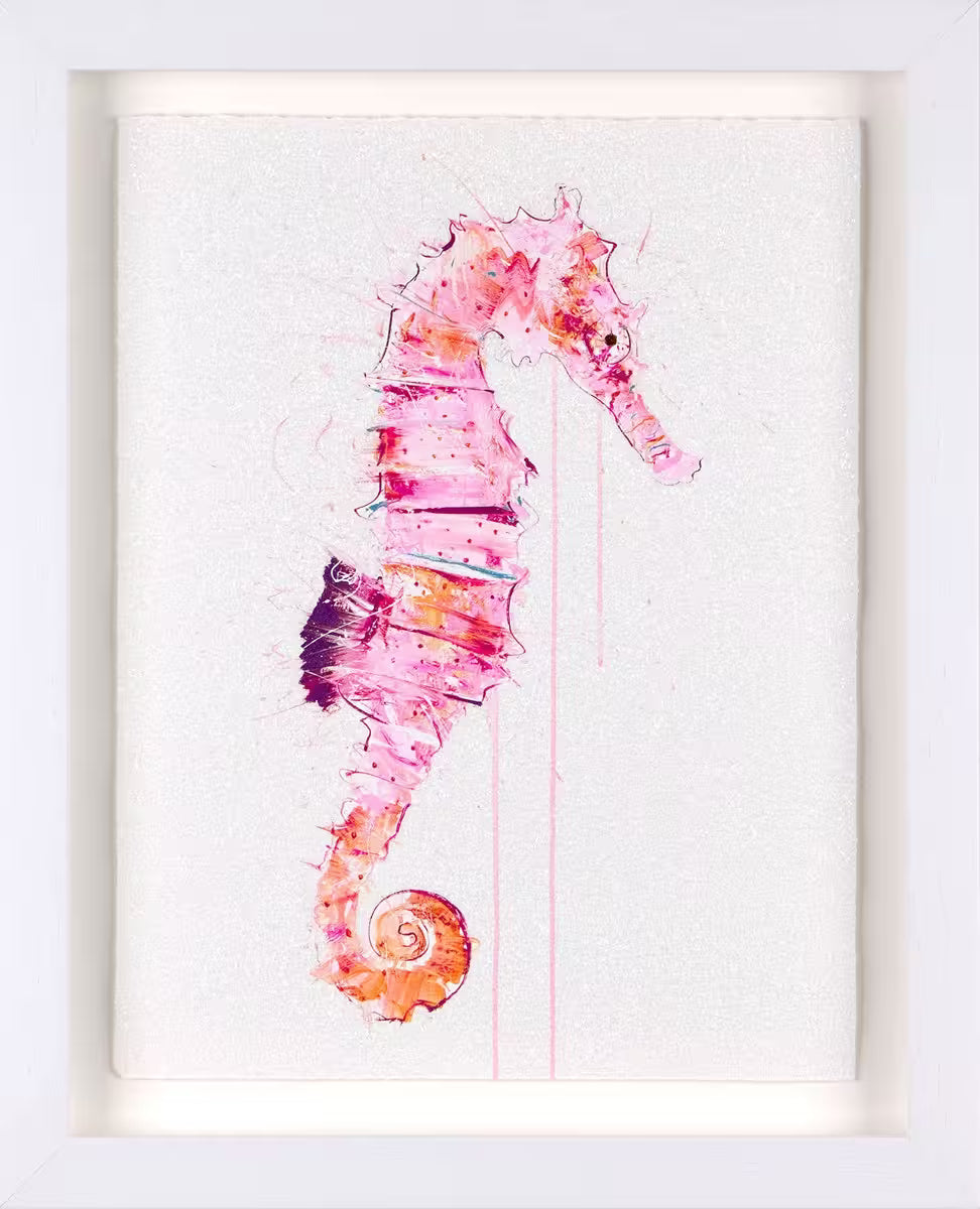 A Dave White limited edition of a pink seahorse, the title is Looking for Love I