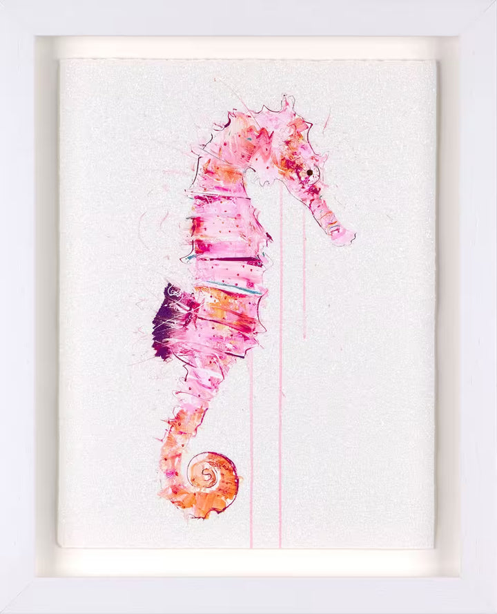 A Dave White limited edition of a pink seahorse, the title is Looking for Love I
