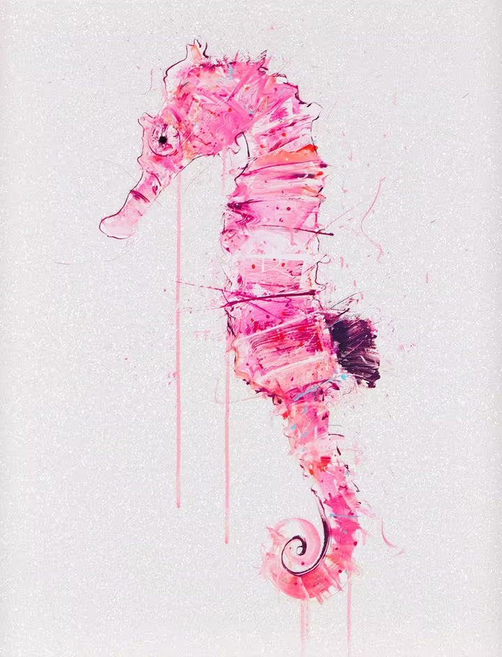 A Dave White limited edition of a pink seahorse, the title is Looking for Love II