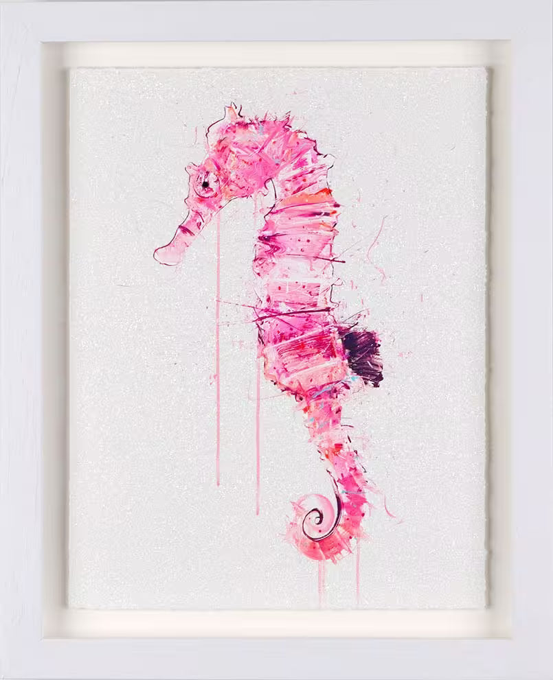 A Dave White limited edition of a pink seahorse, the title is Looking for Love II