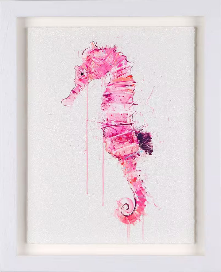 A Dave White limited edition of a pink seahorse, the title is Looking for Love II