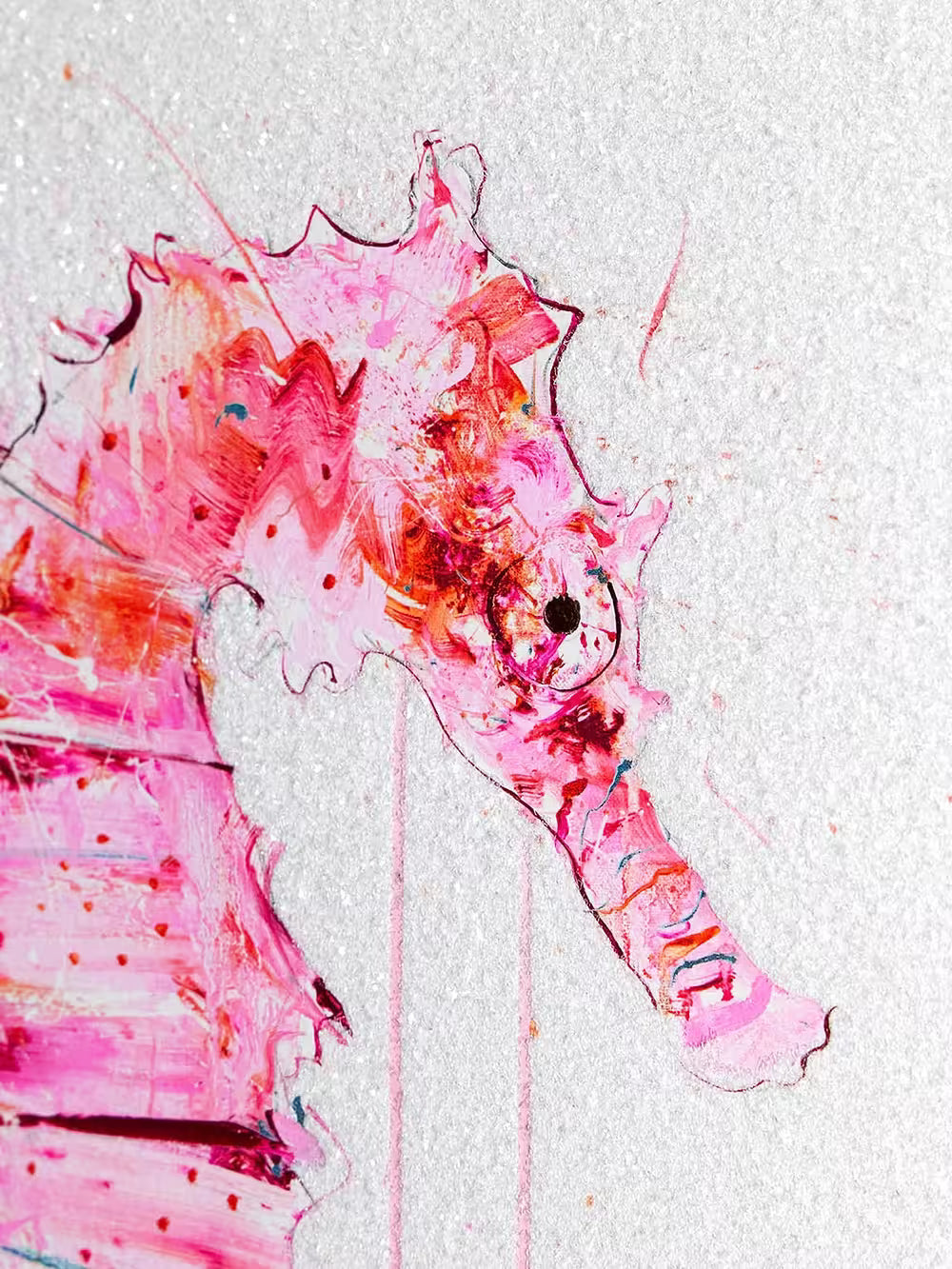 A Dave White limited edition of a pink seahorse, the title is Looking for Love I