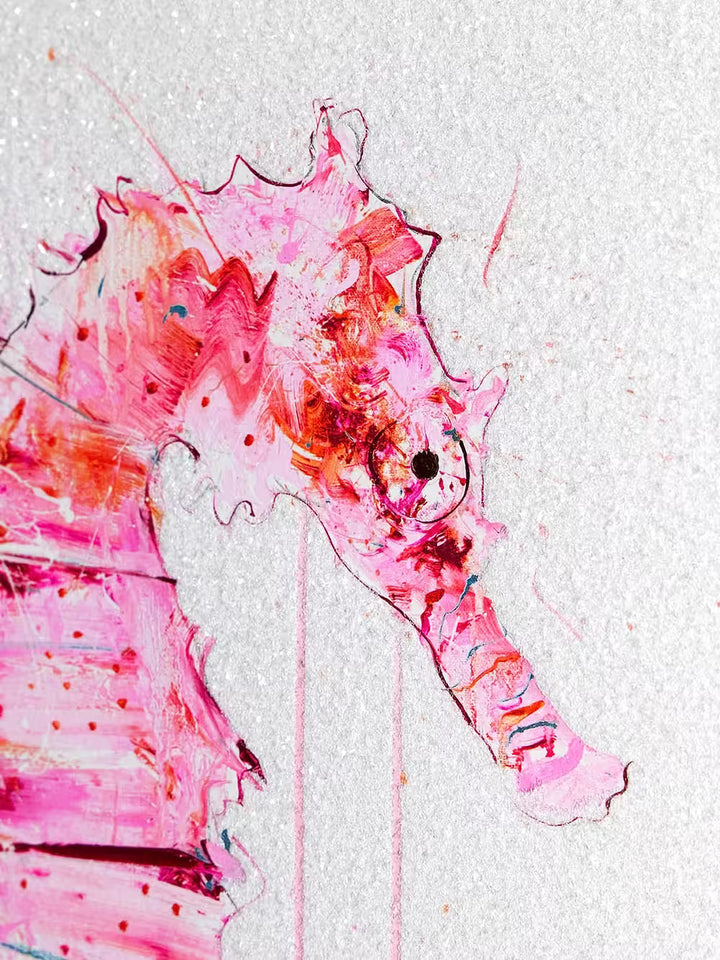 A Dave White limited edition of a pink seahorse, the title is Looking for Love I