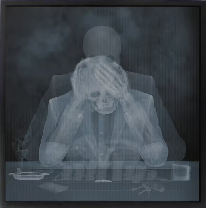 A limited edition lenticular print by Nick Veasey of an X-Rayed black jack player, their skeleton is holding their head, the title is Loosing Streak