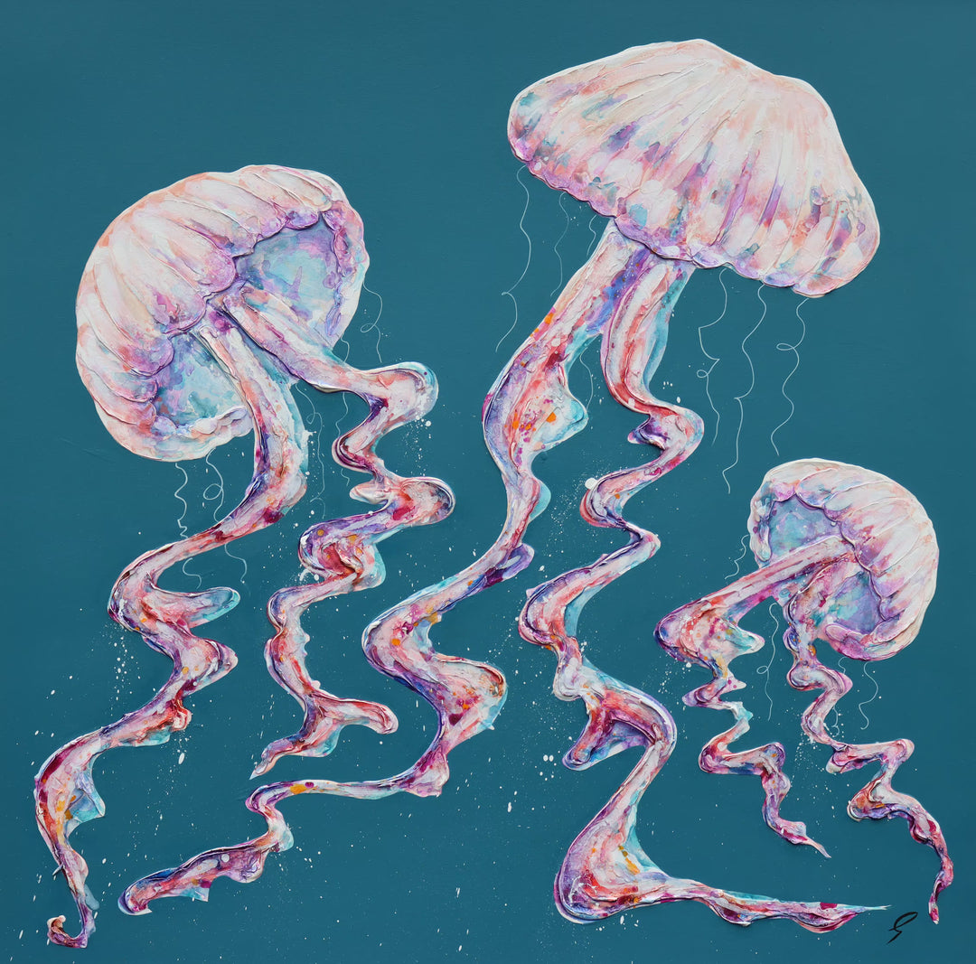 A Giles Ward original of three jellyfish, the title is Lost In The Deep