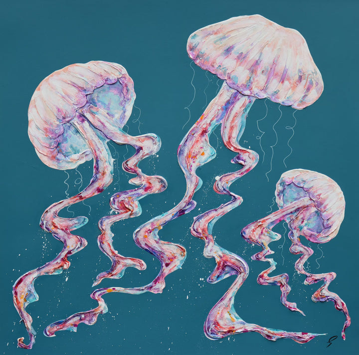 A Giles Ward original of three jellyfish, the title is Lost In The Deep