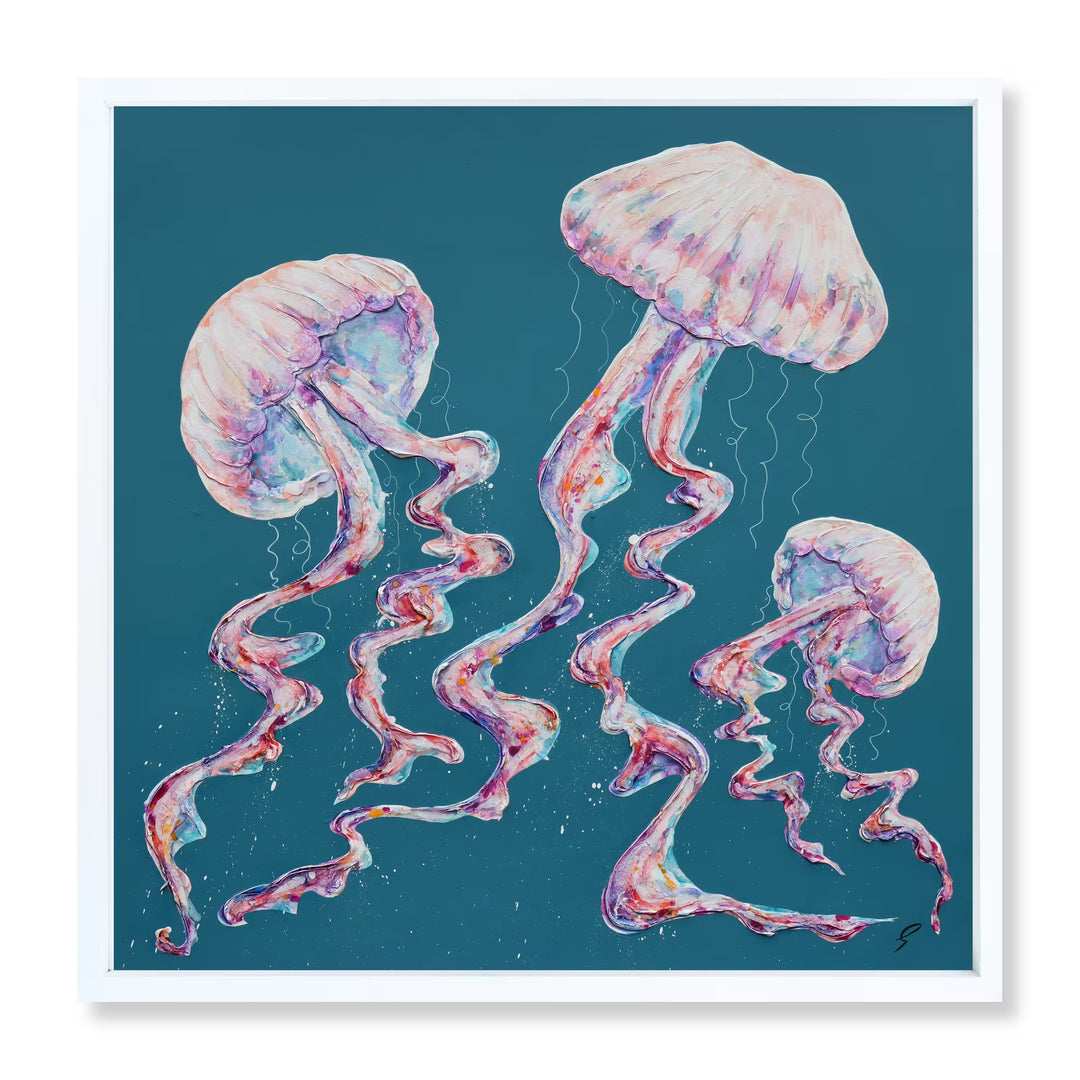 A Giles Ward original of three jellyfish, the title is Lost In The Deep