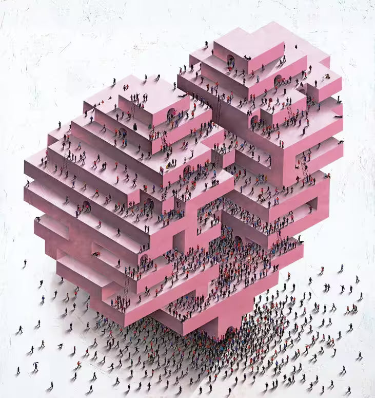 A Craig Alan limited edition of a large geometric heart with hundreds of little people all over it, the title is Lost In Love