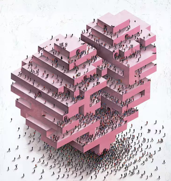 A Craig Alan limited edition of a large geometric heart with hundreds of little people all over it, the title is Lost In Love