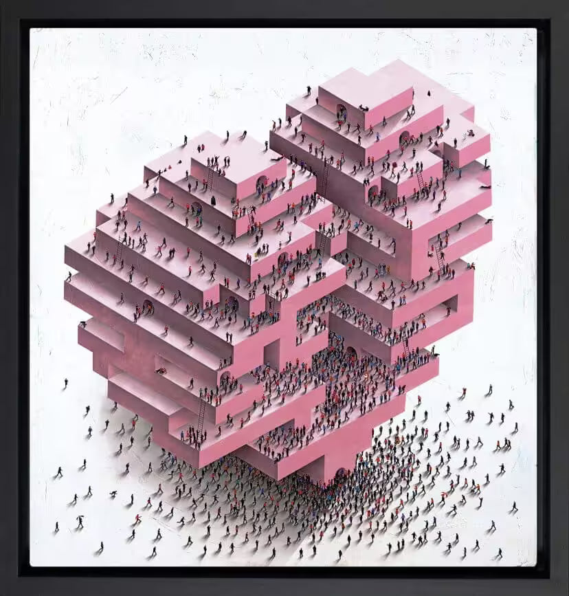 A Craig Alan limited edition of a large geometric heart with hundreds of little people all over it, the title is Lost In Love
