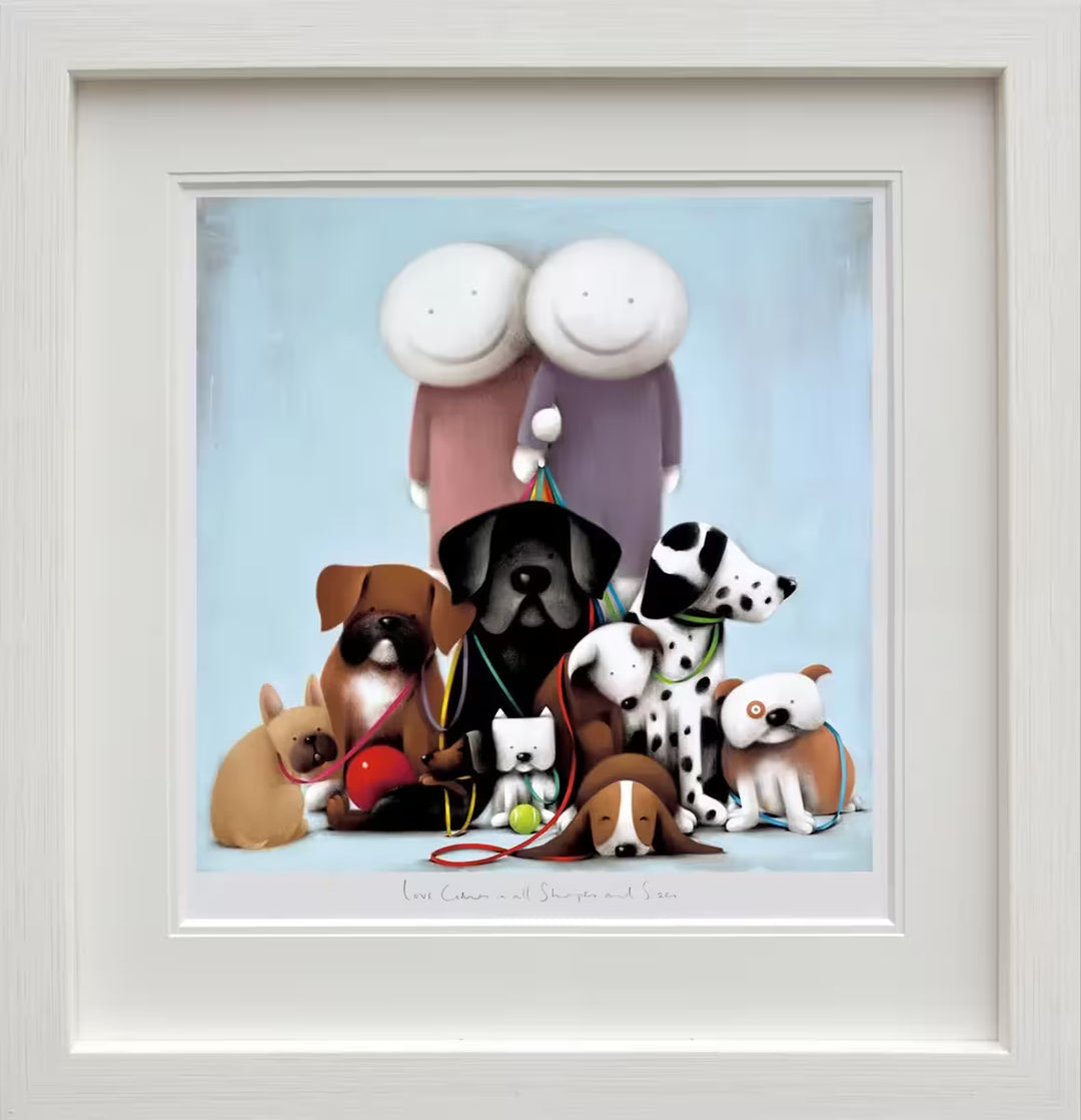 A Doug Hyde framed limited edition print of a person in purple holding onto a person in red, they are holding rainbow colours leads with lots of different dogs on the ends, the title is Love Comes In All Shapes and Sizes