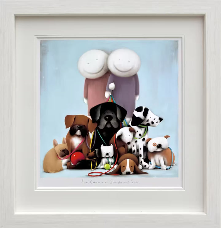 A Doug Hyde framed limited edition print of a person in purple holding onto a person in red, they are holding rainbow colours leads with lots of different dogs on the ends, the title is Love Comes In All Shapes and Sizes