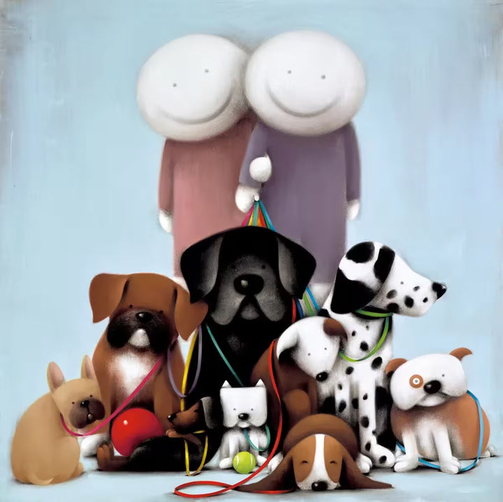 A Doug Hyde limited edition print of a person in purple holding onto a person in red, they are holding rainbow colours leads with lots of different dogs on the ends, the title is Love Comes In All Shapes and Sizes