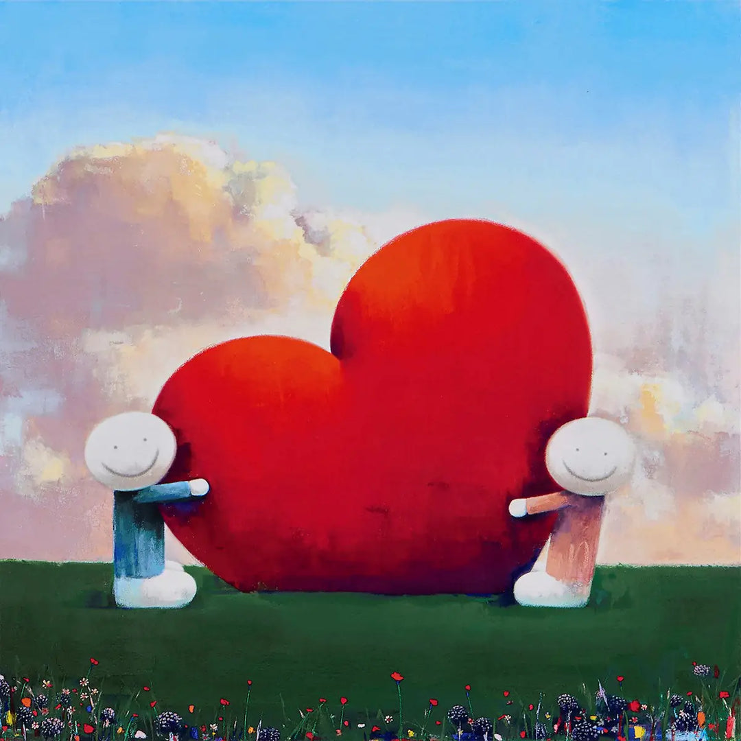 Two cartoon characters holding a large red heart in a colourful landscape with flowers and a blue sky, Love Found Us by Doug Hyde