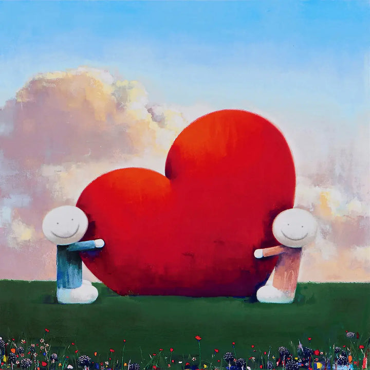 Two cartoon characters holding a large red heart in a colourful landscape with flowers and a blue sky, Love Found Us by Doug Hyde