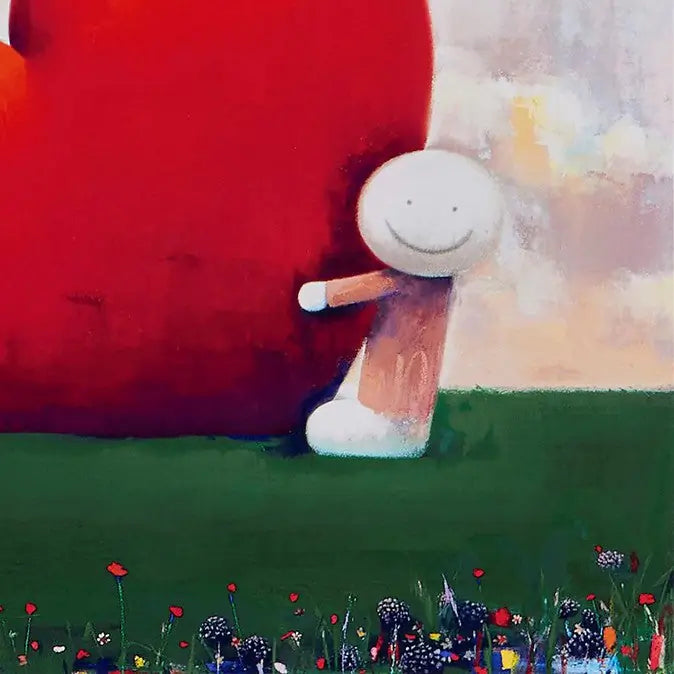 Character with a red heart and colorful flowers in the foreground, Love Found Us by Doug Hyde

