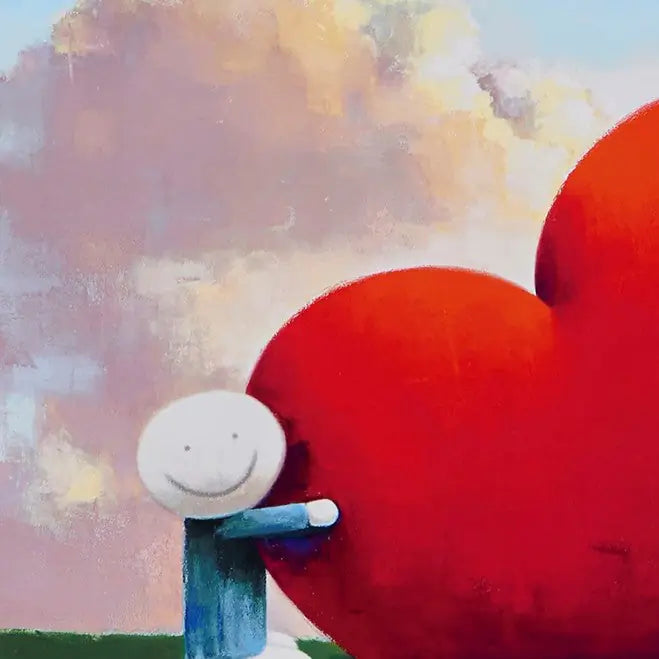 Character holding a large red heart with a colorful background, Love Found Us by Doug Hyde