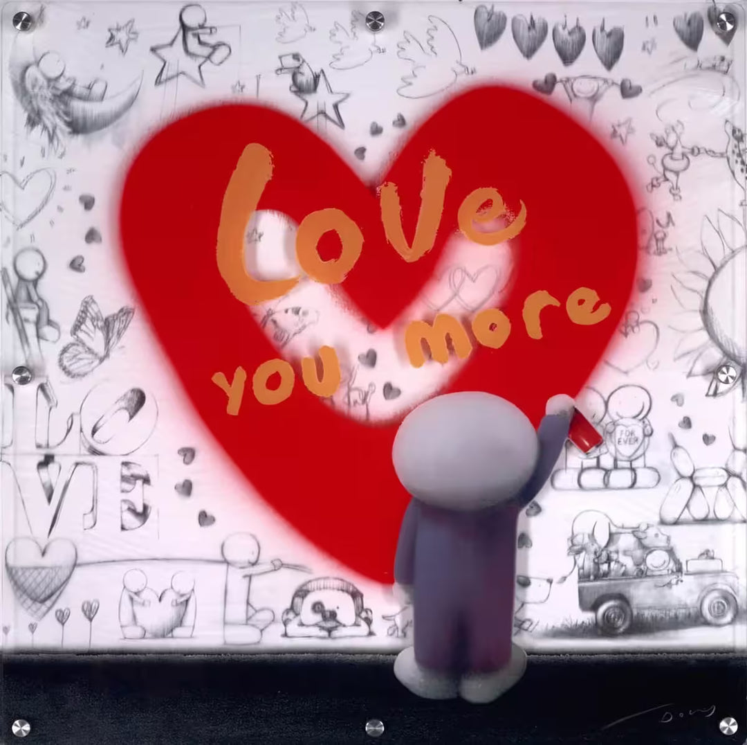 A Doug Hyde limited edition mixed media piece, a person in purple spray painting a red heart with the words 'Love You More' over the top on a wall of Doug Hyde sketches, the title is Love You More