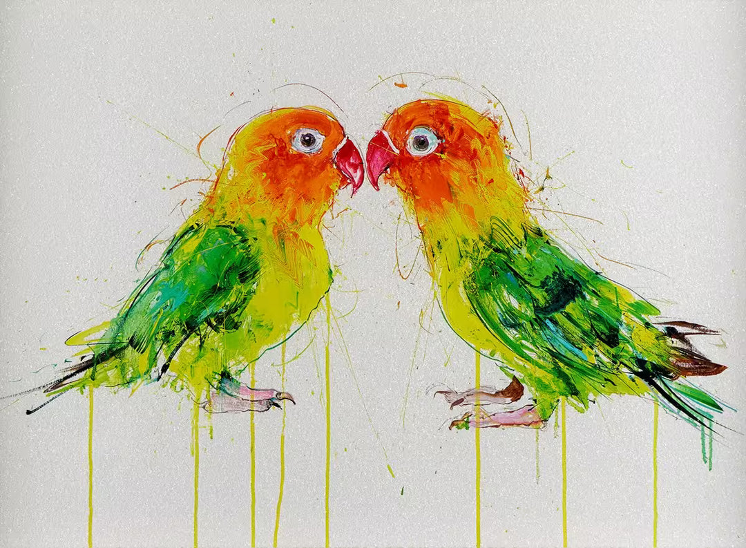 A Dave White limited edition of two parrots kissing, the title is Love Birds