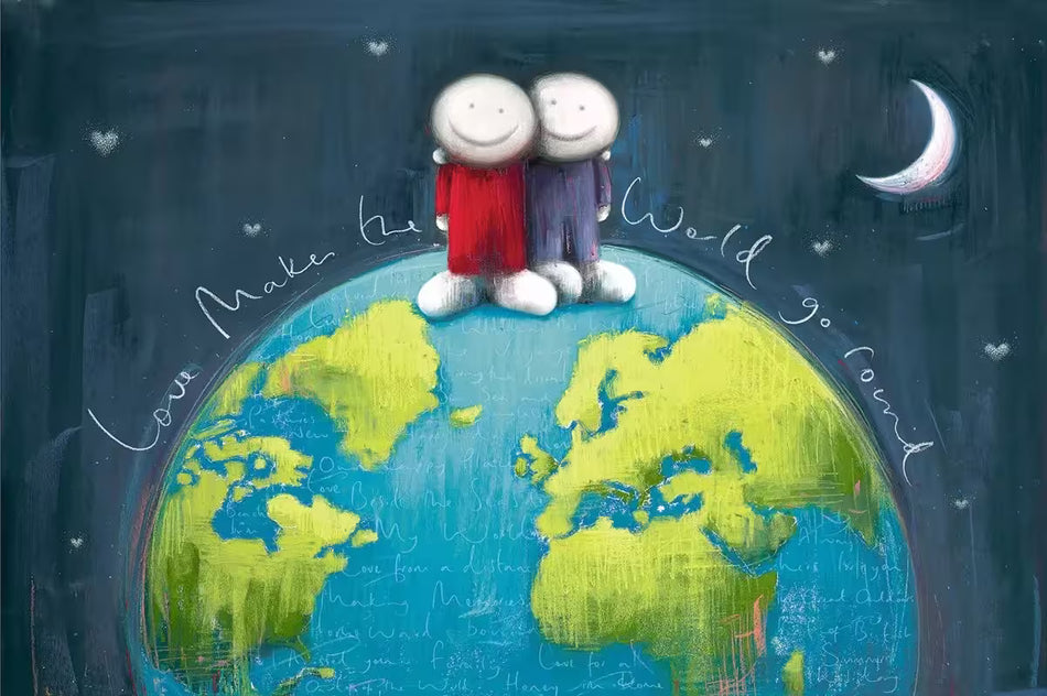 A Doug Hyde limited edition print of a person in red hugging a person in blue, they are standing on top of the world with the words 'Love Makes the World go round' wrapped around the world, the title is Love Makes the World Go Round