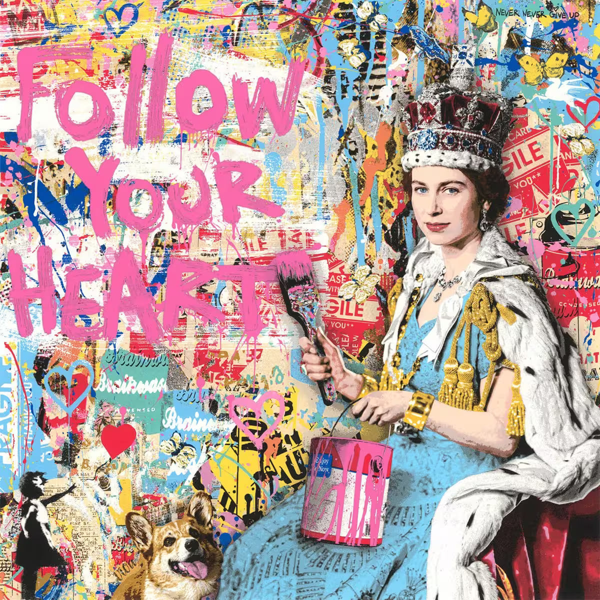 Mr Brainwash limited edition of he queen in front of a collaged background, the title is Love Reigns