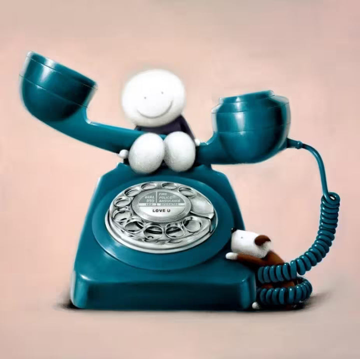 A Doug Hyde limited edition of a person sat on top of a blue telephone with a brown dog wrapped in the wire, the title is Love U