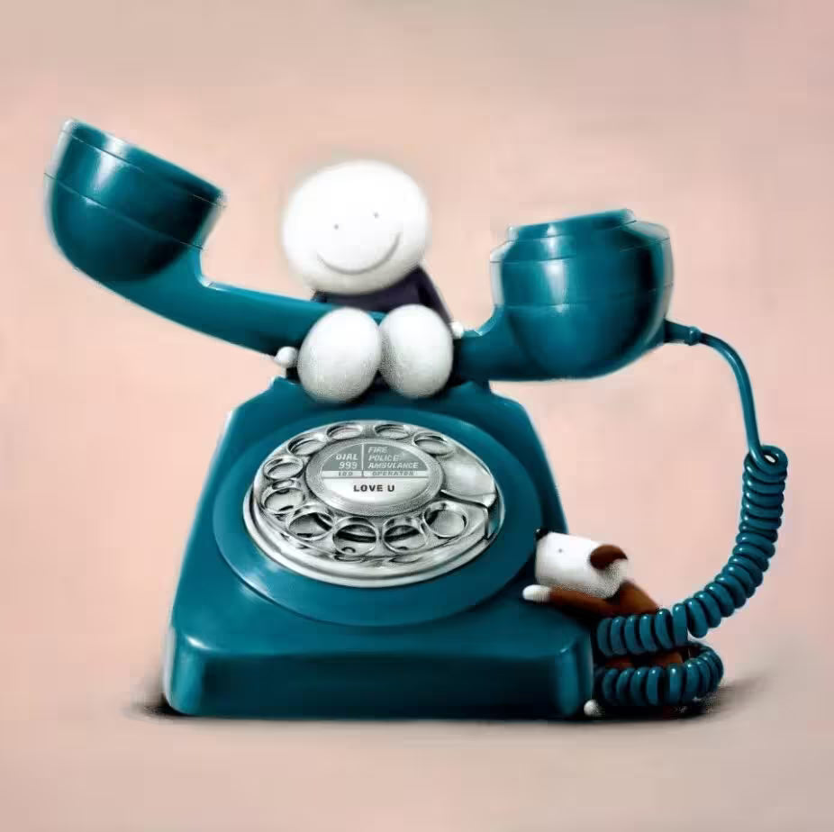 A Doug Hyde limited edition of a person sat on top of a blue telephone with a brown dog wrapped in the wire, the title is Love U