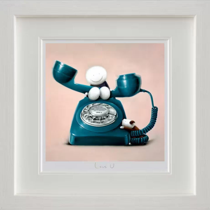 A Doug Hyde famed limited edition of a person sat on top of a blue telephone with a brown dog wrapped in the wire, the title is Love U