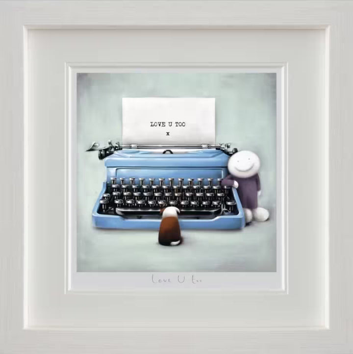 A Doug Hyde framed limited edition of a person in purple leaning against a blue typewriter that has the words &