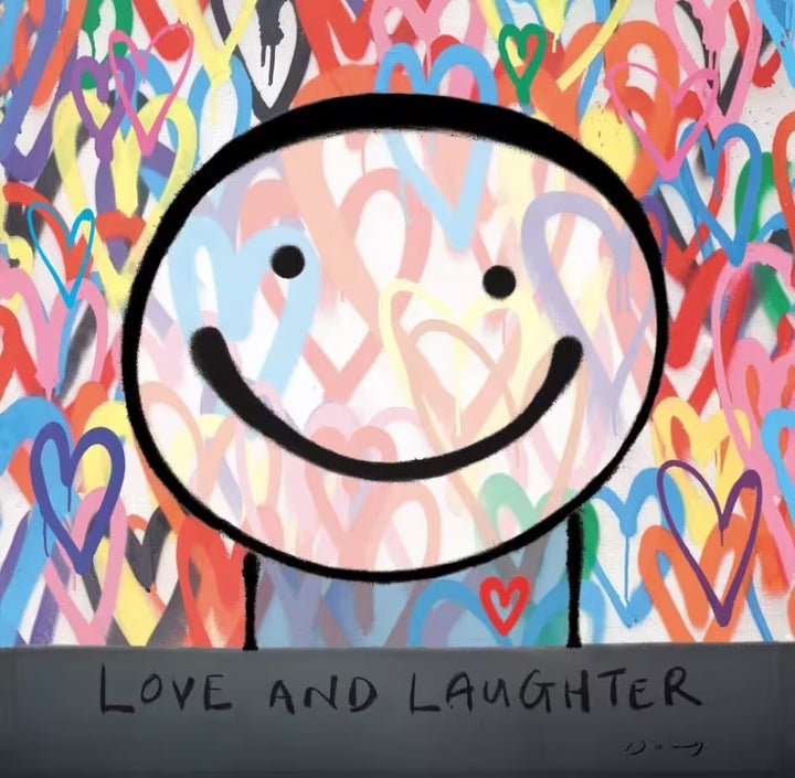 A Doug Hyde limited edition of a silhouette of a face on top of a collection of rainbow hearts, the title is Love Laughter