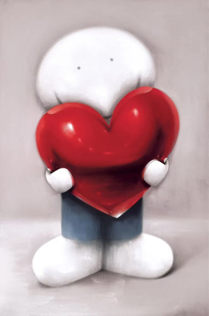 A Doug Hyde limited edition print of a person in blue holding a red heart, the title is Loved Up