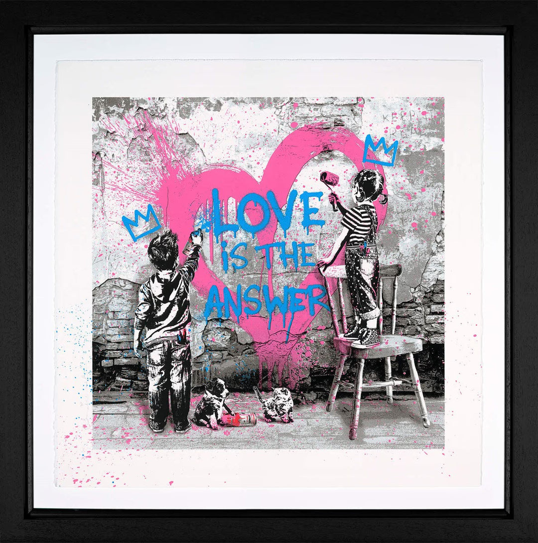 Framed artwork with children painting a heart and 'Love is the Answer' text, Made with Love by Mr Brainwash