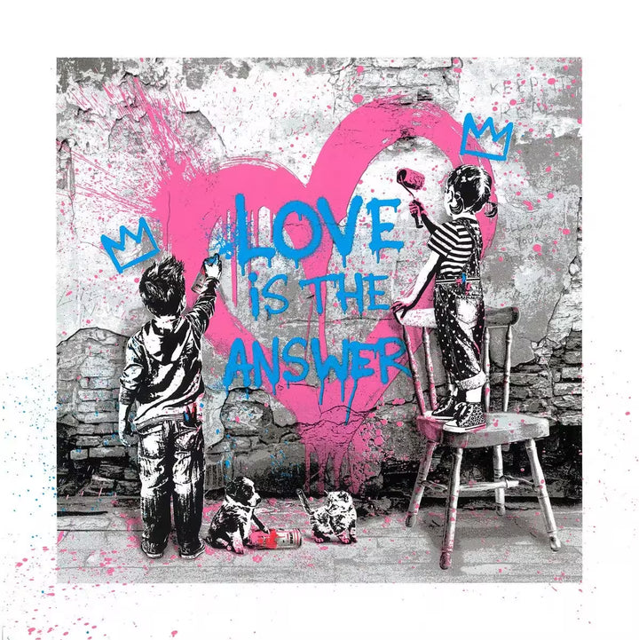 A Mr Brainwash limited edition of two children spray painting a pink heart on a wall with the words 'LOVE IS THE ANSWER' over the top with a puppy and kitten at the bottom, the title is Love Is The Answer