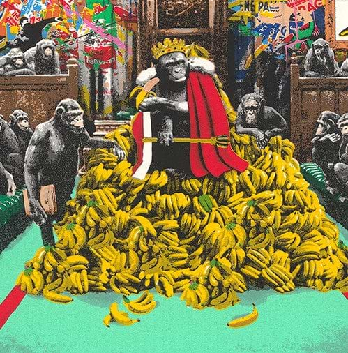 Detailed view of Mr. Brainwash’s Swinging the Truth, apes in Parliament theme, at Startle Gallery