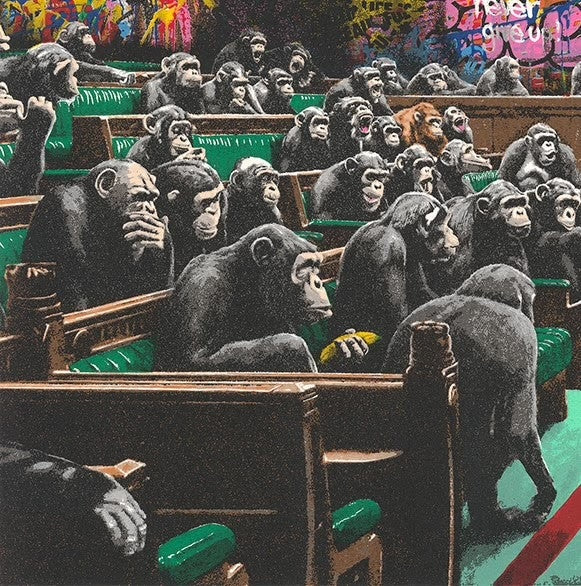 Detailed view of Mr. Brainwash’s Swinging the Truth, apes in Parliament theme, at Startle Gallery