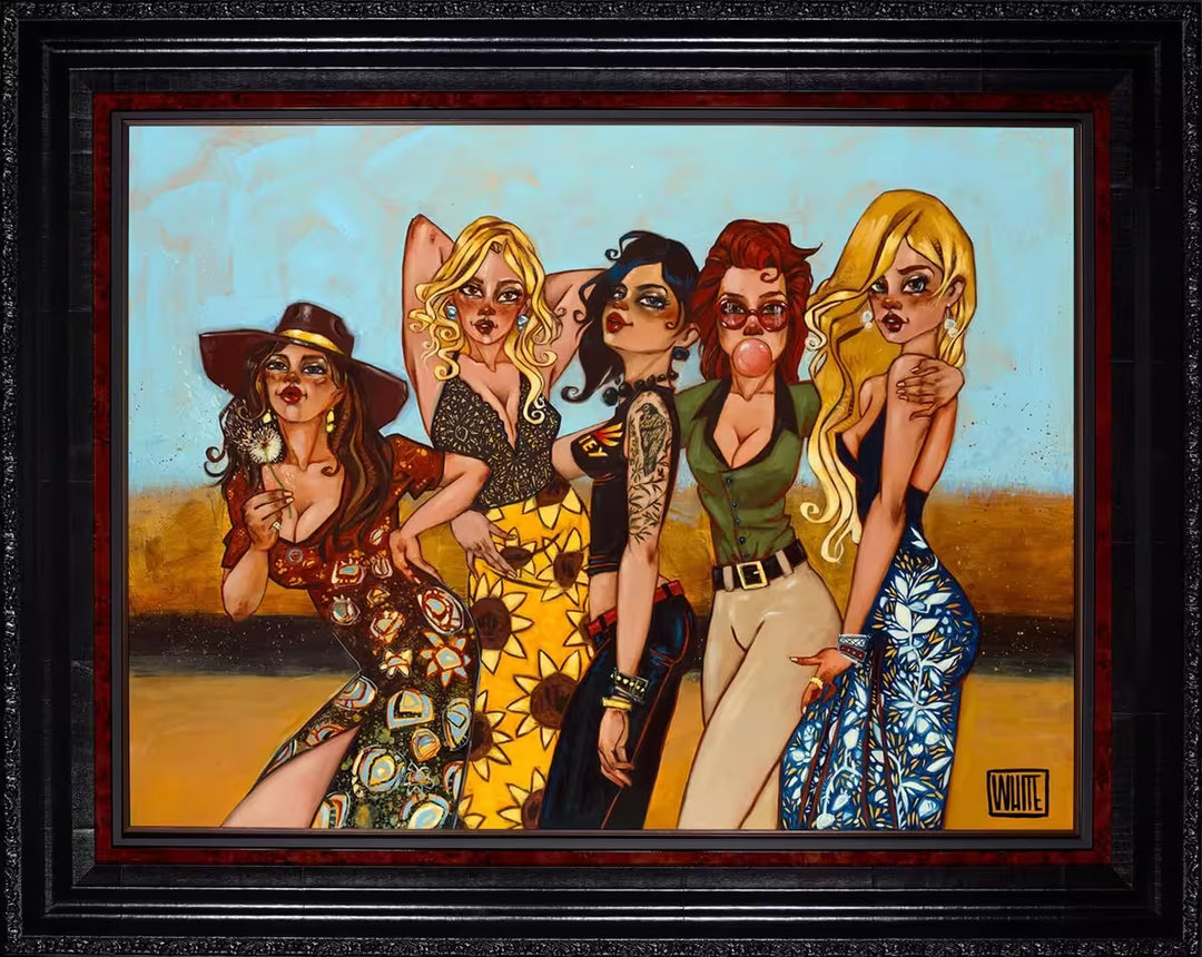 A Todd White framed limited edition of a group of ladies in colourful patterned clothing, the title is Make A Wish