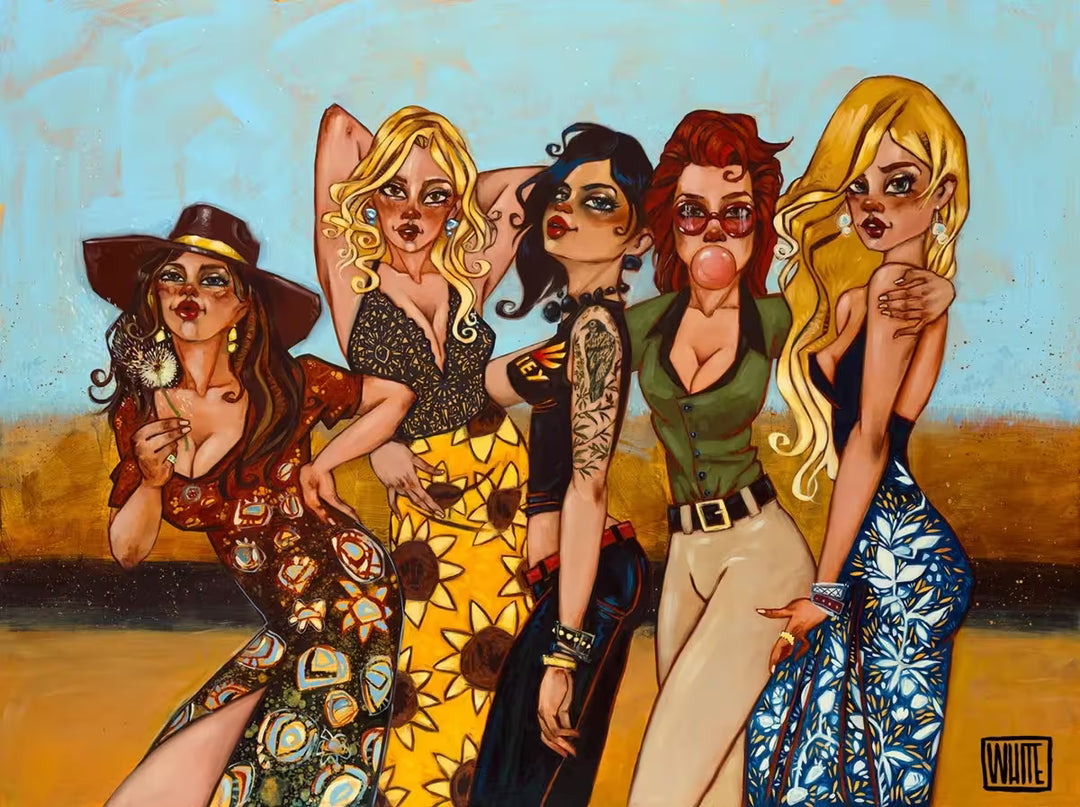 A Todd White limited edition of a group of ladies in colourful patterned clothing, the title is Make A Wish