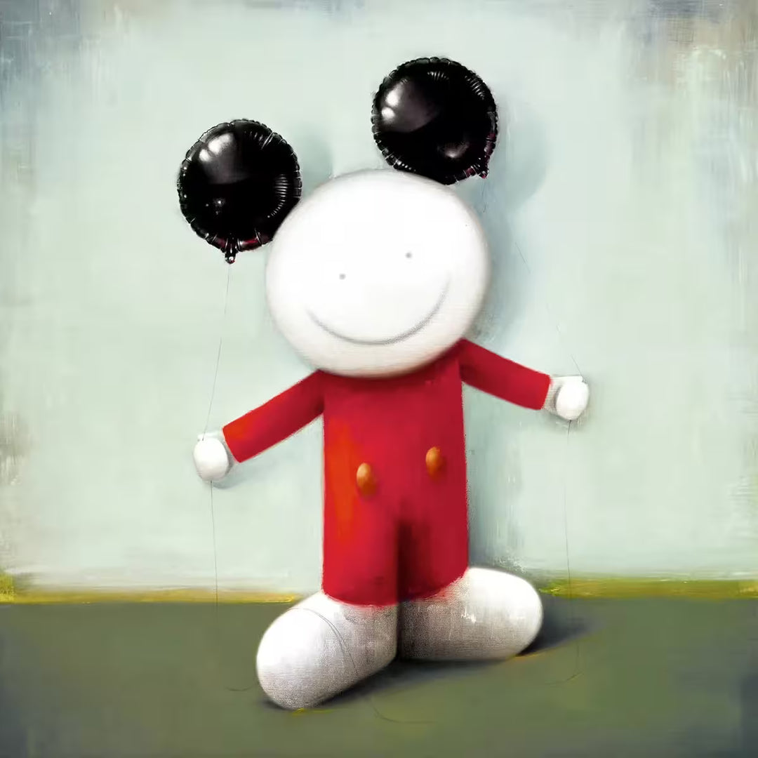 A Doug Hyde limited edition of a person wearing red with two yellow buttons on their clothes and holding two black balloons to resemble ears, the title is Making Magic