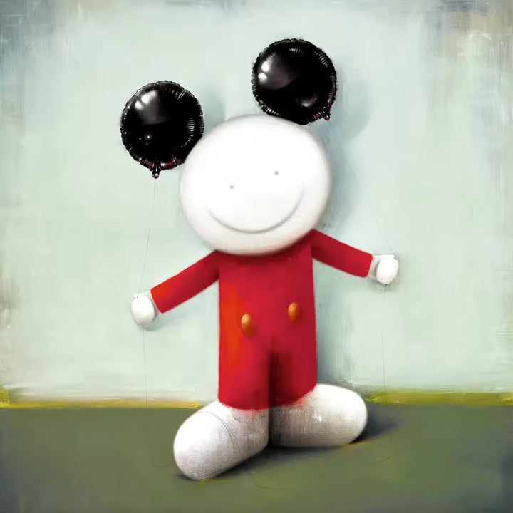 A Doug Hyde limited edition of a person wearing red with two yellow buttons on their clothes and holding two black balloons to resemble ears, the title is Making Magic