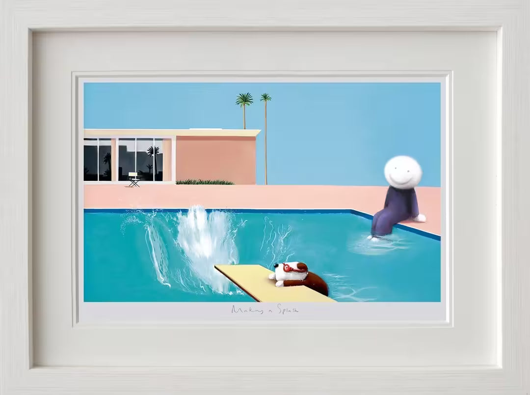 A Doug Hyde framed limited edition print of a person in blue dipping their feet into a pool and a dog on a diving board with goggles on and a big splash in the pool, the title is Making a Splash