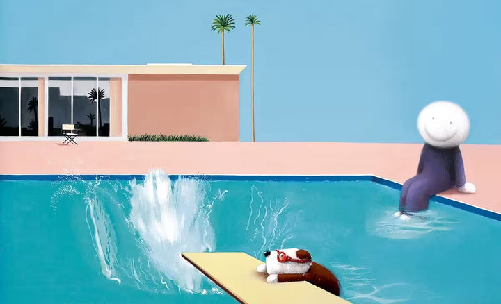 A Doug Hyde limited edition print of a person in blue dipping their feet into a pool and a dog on a diving board with goggles on and a big splash in the pool, the title is Making a Splash