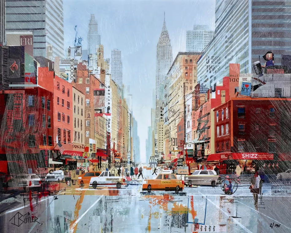 A Tom Butler limited edition print of Manhattan with lots of yellow cabs and cars driving through and the Empire State Building and Statue of Liberty in the background, the title is Manhattan Madness