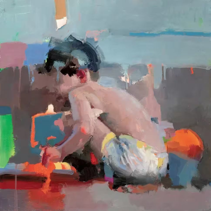A limited edition piece by Christian Hook of a small boy crouched picking up an object distorted by bright colours, the title is Mar De Luces III