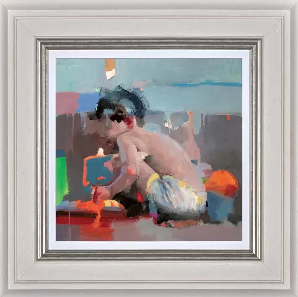A framed limited edition piece by Christian Hook of a small boy crouched picking up an object distorted by bright colours, the title is Mar De Luces III