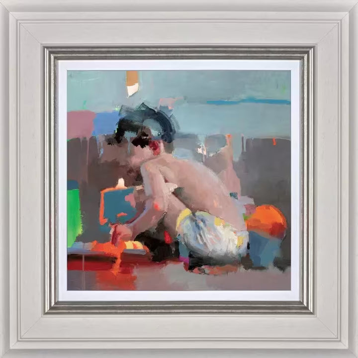 A framed limited edition piece by Christian Hook of a small boy crouched picking up an object distorted by bright colours, the title is Mar De Luces III