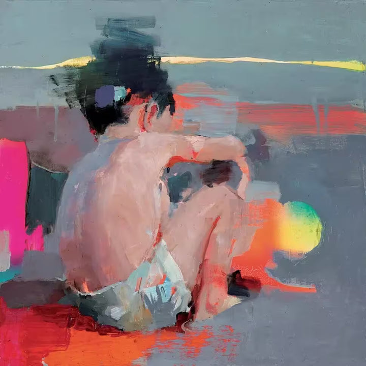 A limited edition piece by Christian Hook of a small boy sat picking up an object distorted by bright colours, the title is Mar De Luces IV