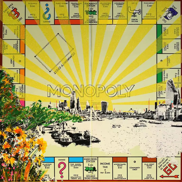 A Jayson Lilley limited edition screen print of a monopoly board with a view of London over the top, the title is Meet Me at Blackfriars